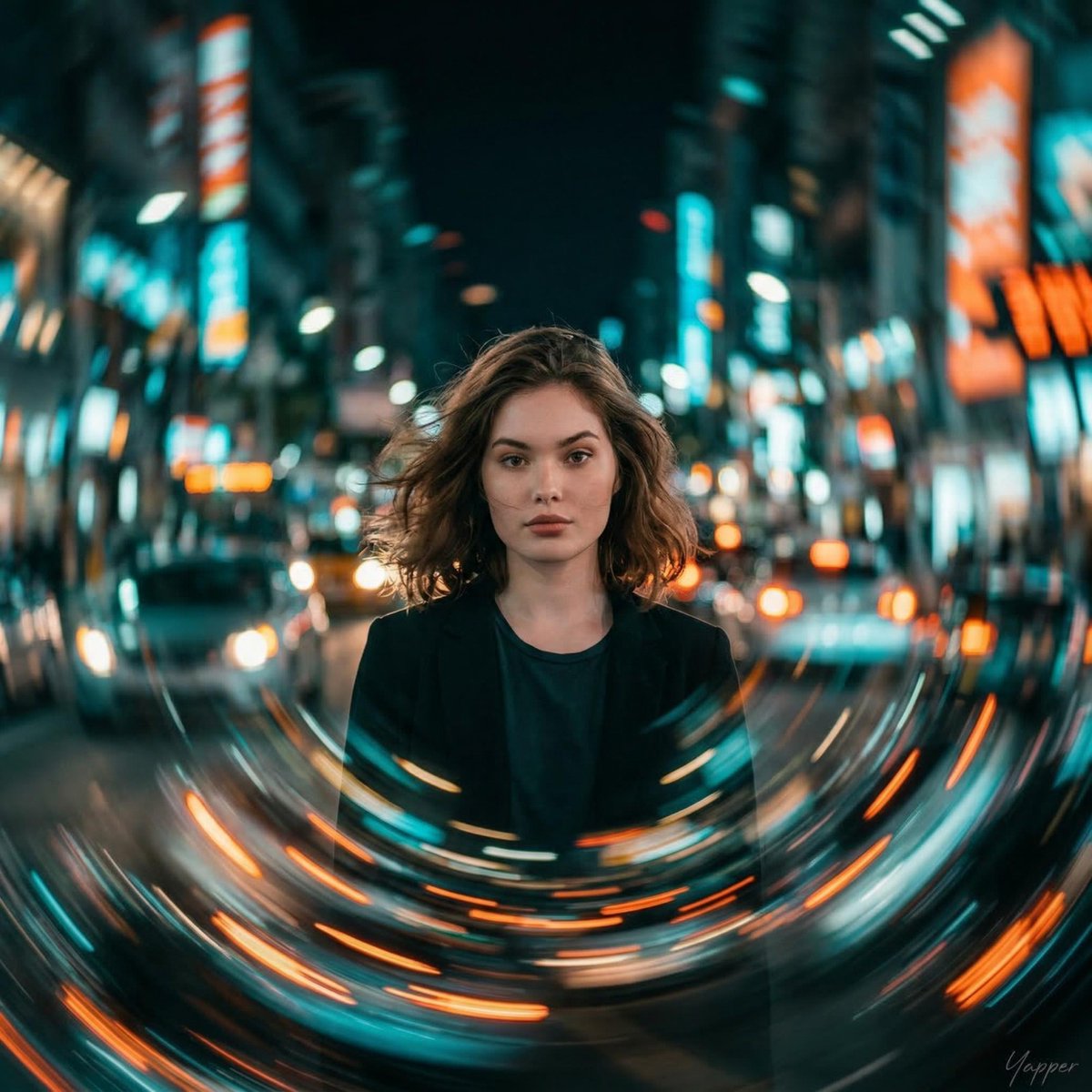 Cinematic Portrait with Spiraling City Motion Blur