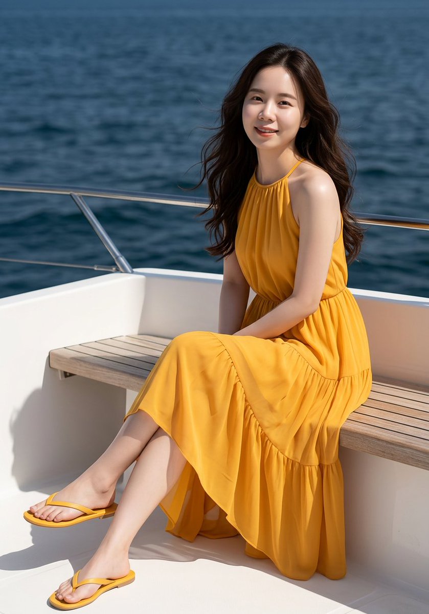 Femme est-asiatique sur un yacht, robe jaune souci, contre-plongée