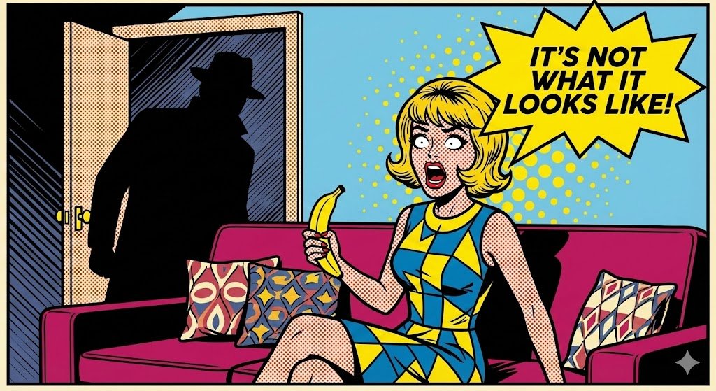 Pop Art Strip: Geschrokken Vrouw met Banaan