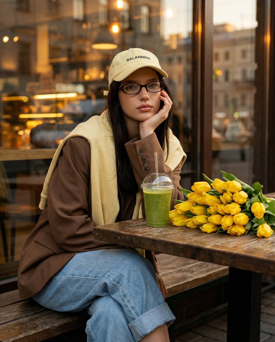 Femme stylée au café avec tulipes et smoothie