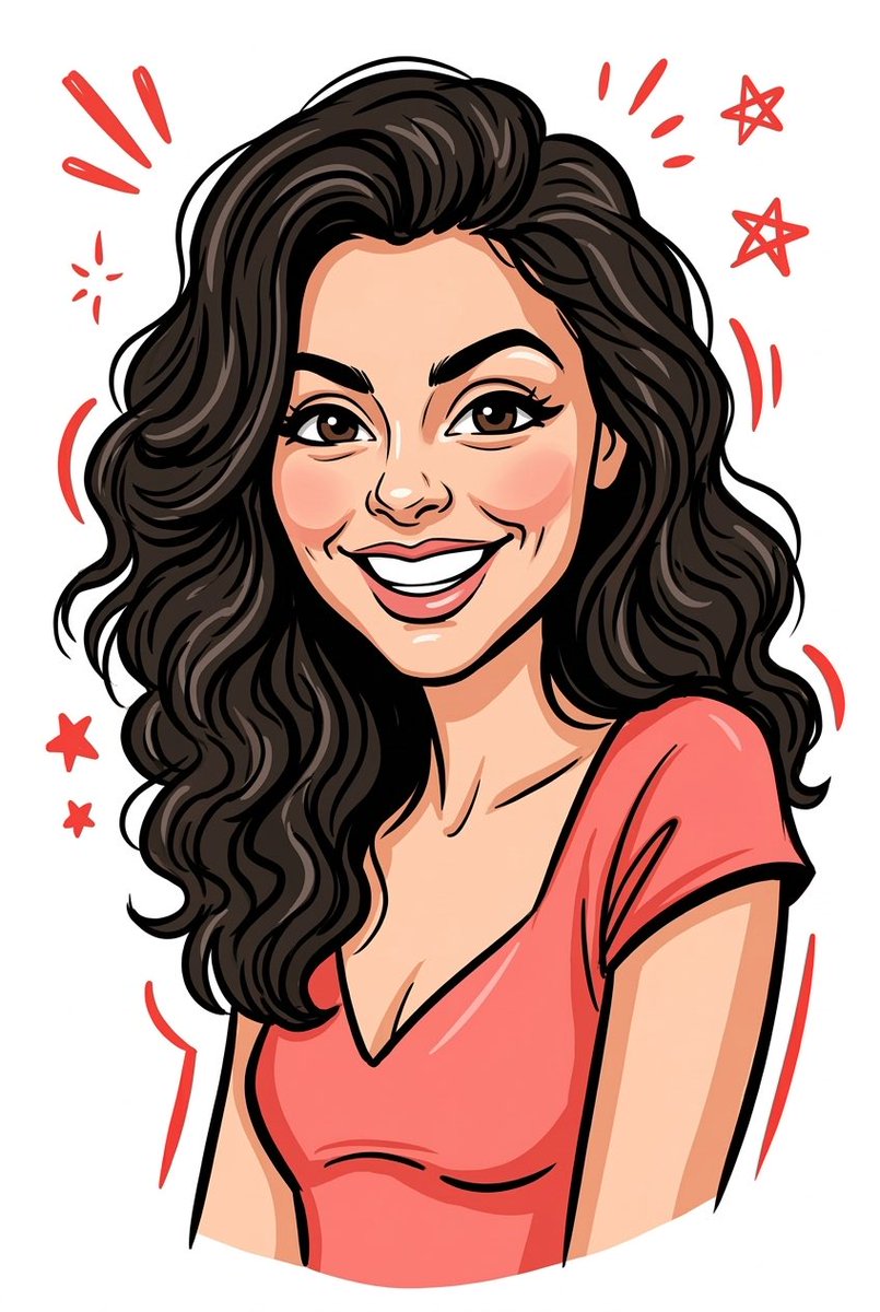 Digitale Karikatuur van Lachende Vrouw in Rode Jurk