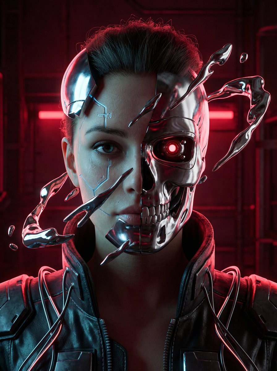 Cyberpunk Portret: Chroom Schedel, Gespleten Gezicht, Vloeibaar Chroom