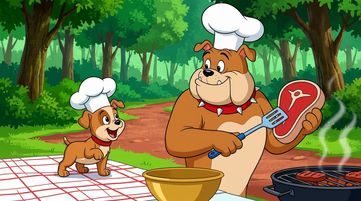 Antropomorfe Bulldog BBQ in Klassieke Cartoonstijl