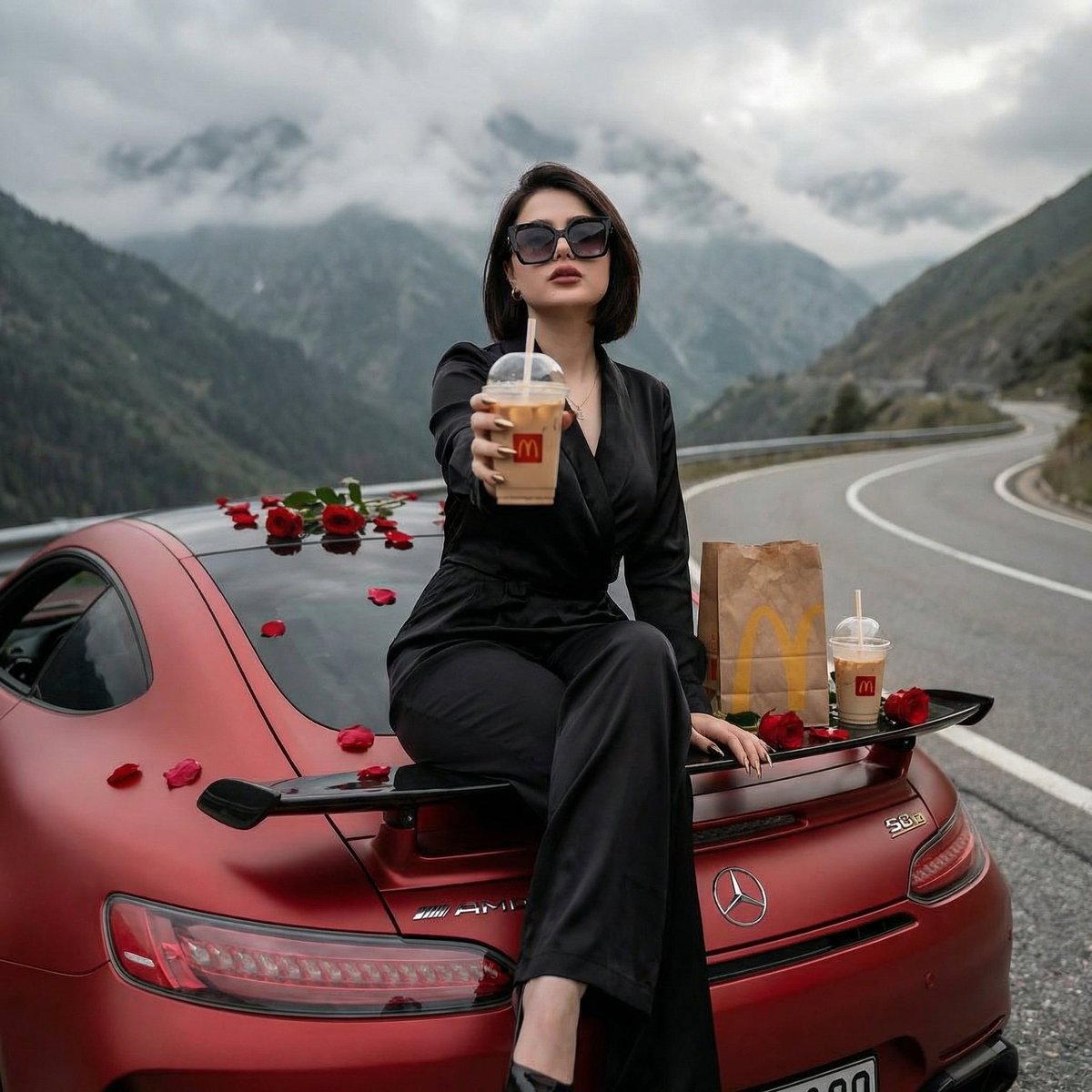 Femme sur voiture de sport avec McDonald's et roses
